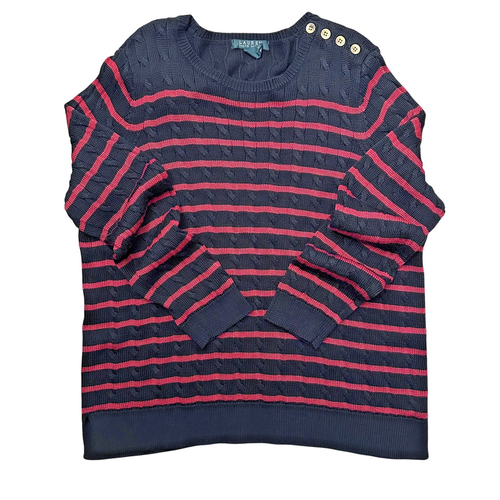 Lauren Ralph Lauren Sweater Womens Size 1X Black Red Striped Cable Knit Preppy